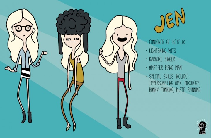 A cartoon illustration of Jen Hood in three outfits
