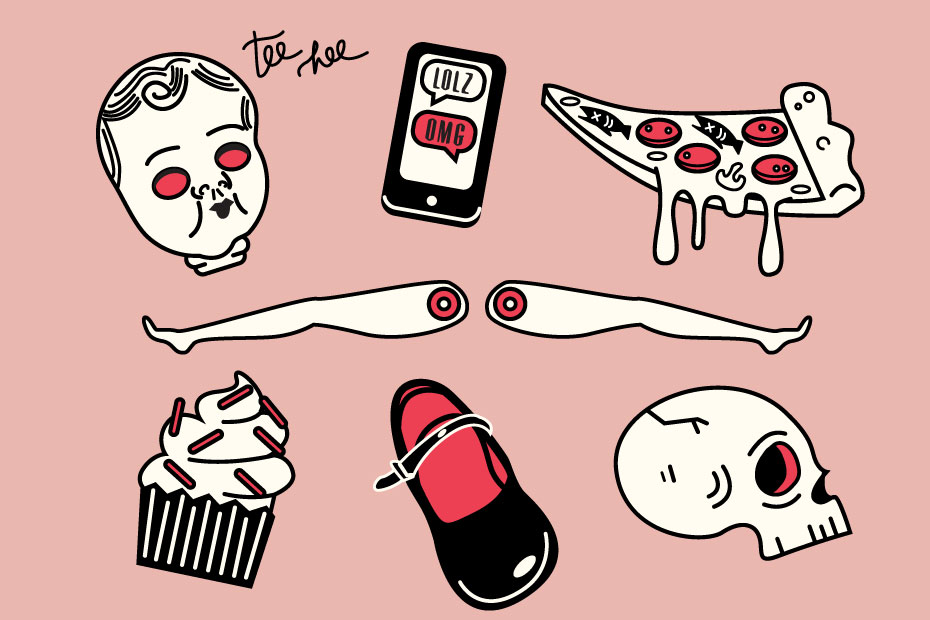 A Child Named Pandora Illustrations of pizza, a doll shoe, a cupcake, doll legs, a phone, a skull, and a doll head