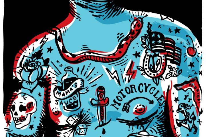 Illustration of a mans chest with tattoos