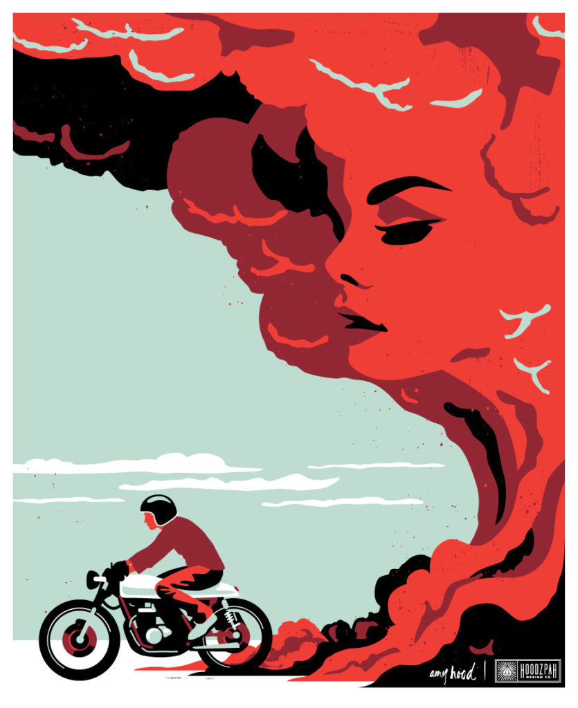 Poster of a man riding a motorcycle with a cloud behind in the shape of a woman's face