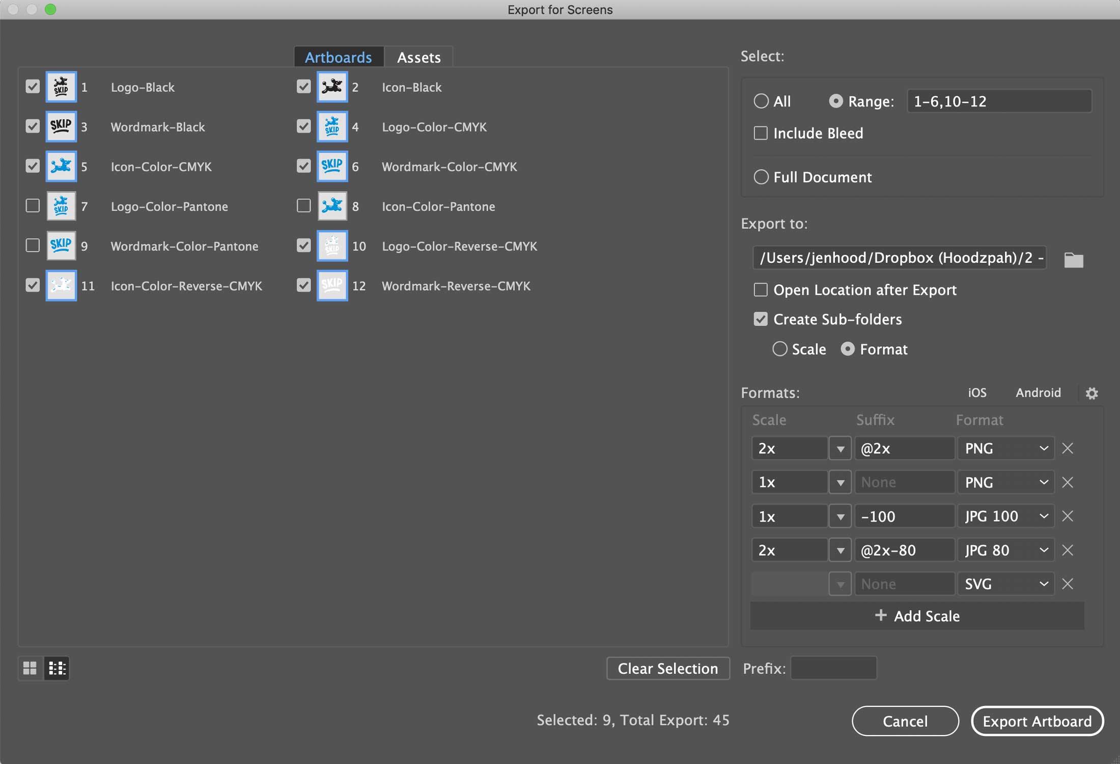 The "Export for Screens" dialog box in Illustrator. 