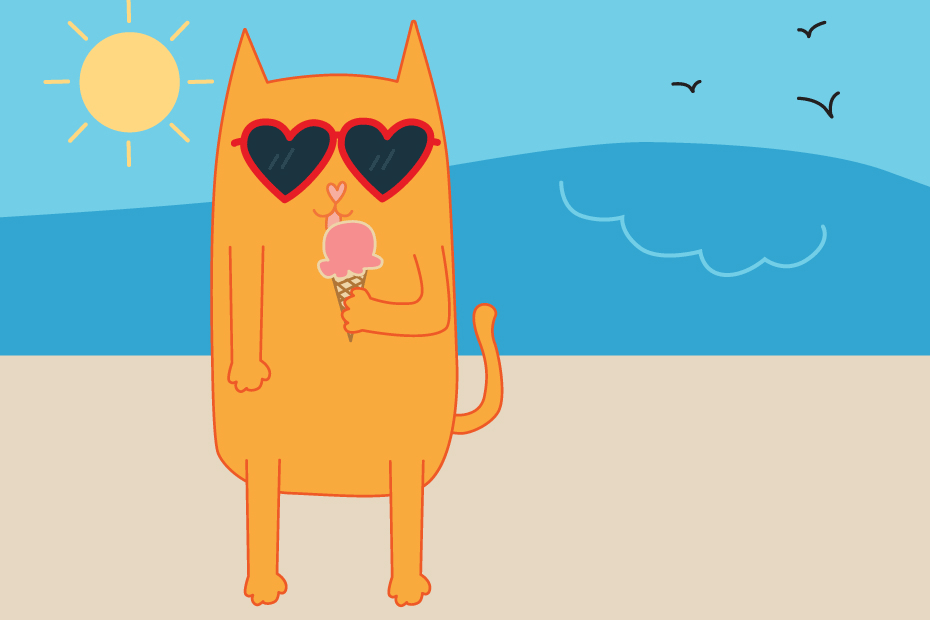 a giph of a cat droping and ice cream cone at the beach and crying