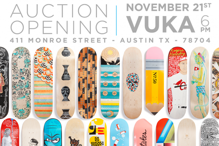 5050 project custom skateboard deck art show graphic showing several skateboard decks