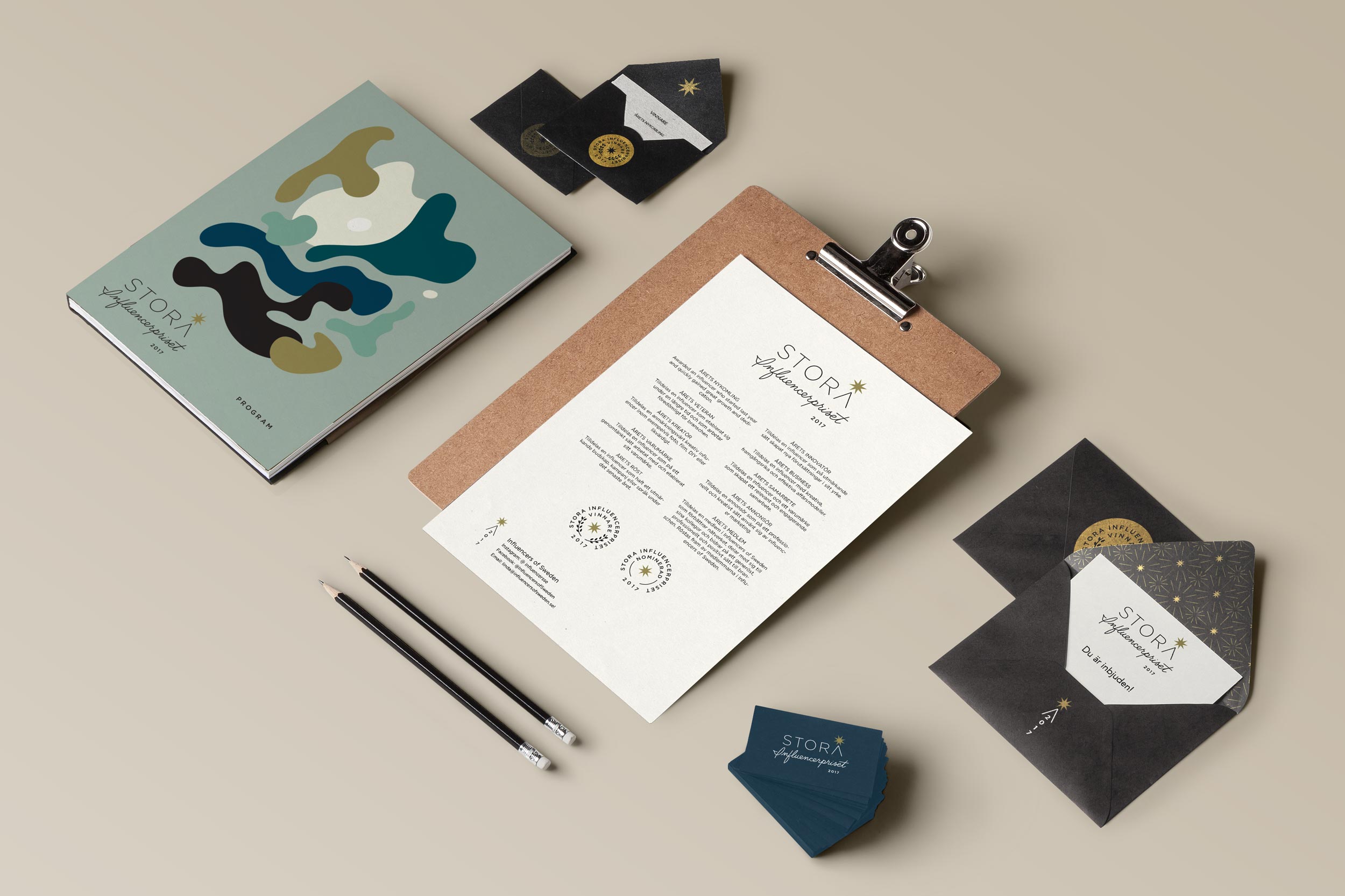 Stora Influencerpriset stationery laid out neatly