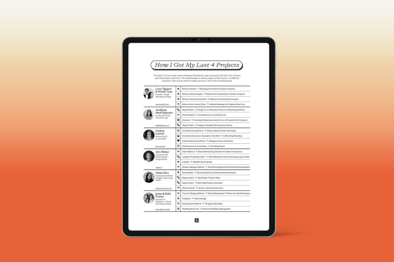 ipad view of the freelance and business and stuff ebook showing how different designers got their last 4 jobs