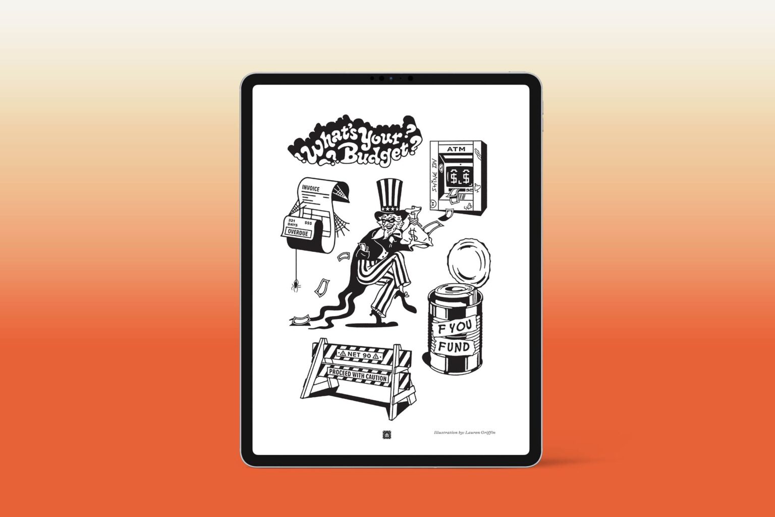 ipad view of the freelance and business and stuff ebook showing several spot illustrations for budgeting