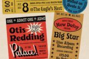 Ticket Stubs for Otis Redding, Elvis, and big Star featuring Beale Font