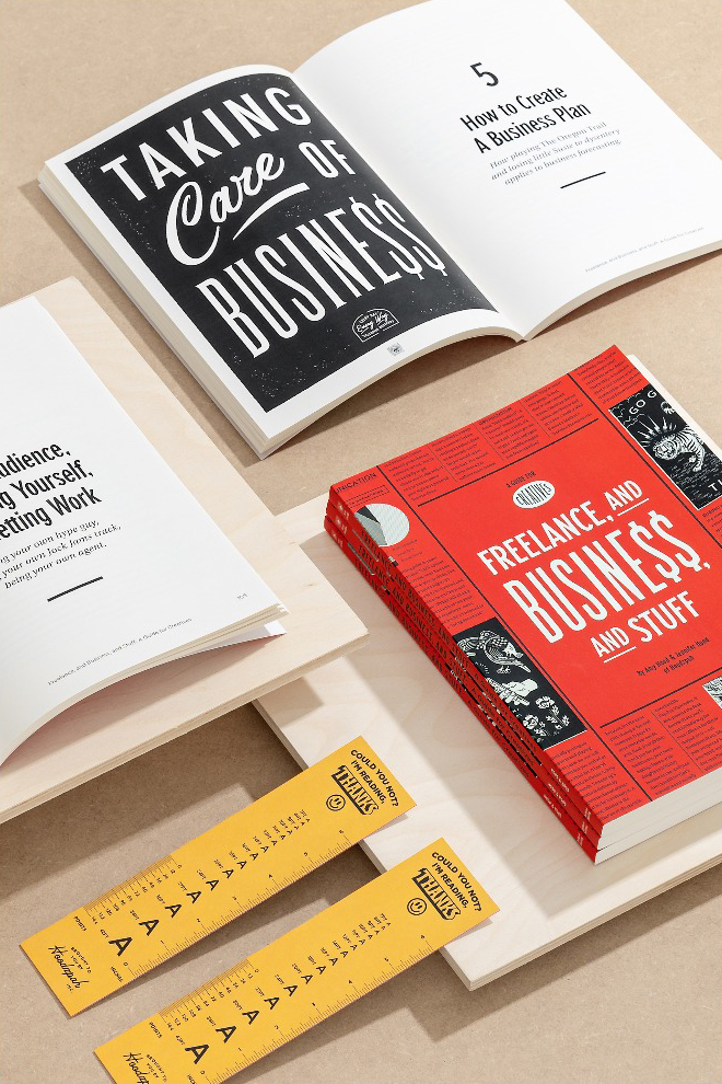 Freelance and Business and Stuff soft cover books laid in a grid with pages open