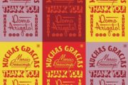 Thank you in five languages on colorful post cards
