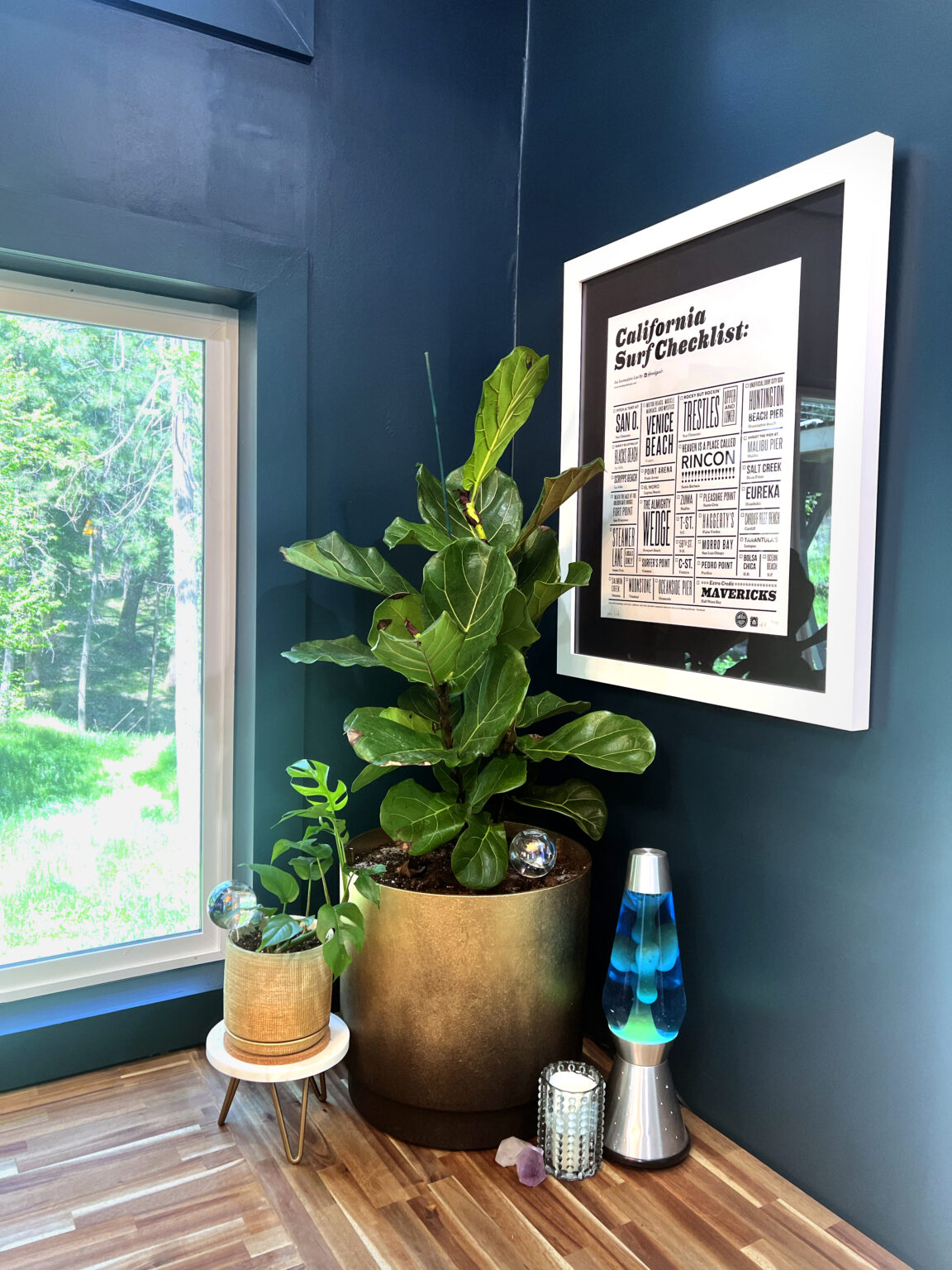 Surf checklist poster framed on a wall with potted plants