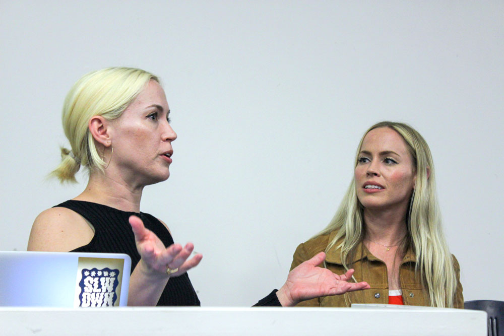 Jen and Amy Hood speaking at the AIGA Boston talk and workshop