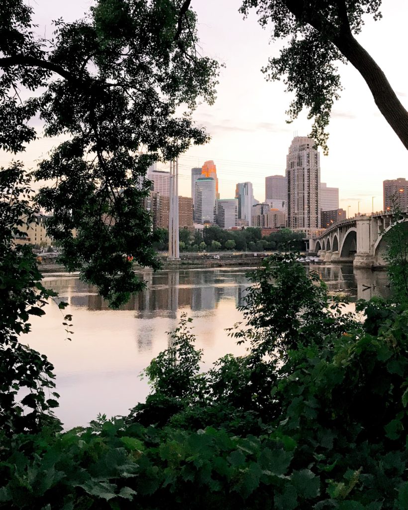 View of the city across the river in Minneapolis Minnesota