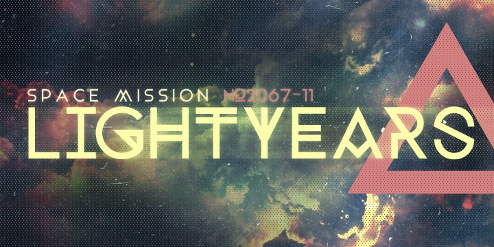 Alex Sheldon space design with text saying Space Mission No 2076-11 Lightyears