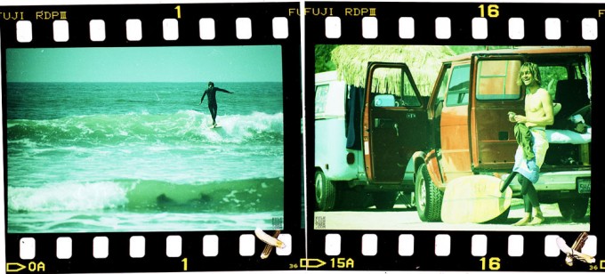 Kyle Lightner photograph of a guy surfing and a guy standing behind a van at the beach wearing a wetsuit just back from surfing