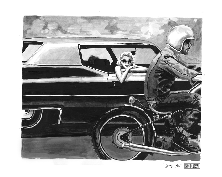 poster of a lady leaning out of the window of a car looking at a man on a motorcycle