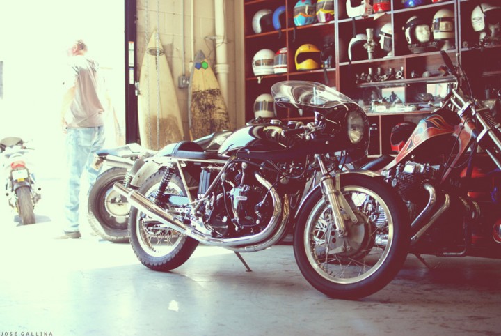 photograph of motorcycles in a garage