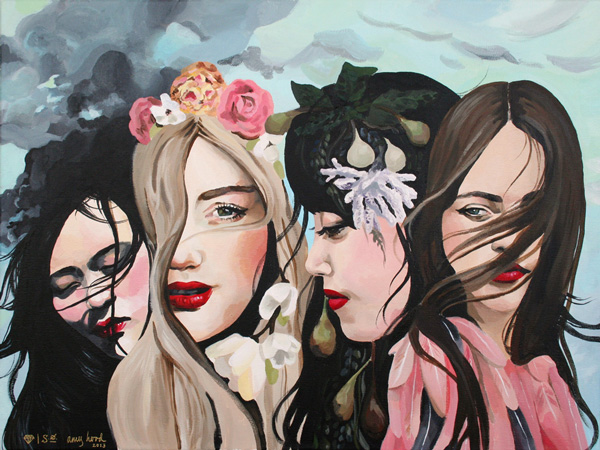 A painting of four women representing Sea Shore, Air, Fire, and Wilde Abyss