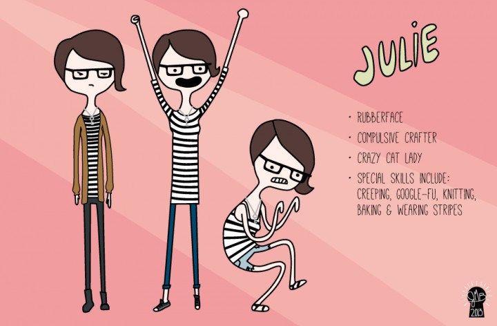 A cartoon illustration of Julie Mack in three outfits