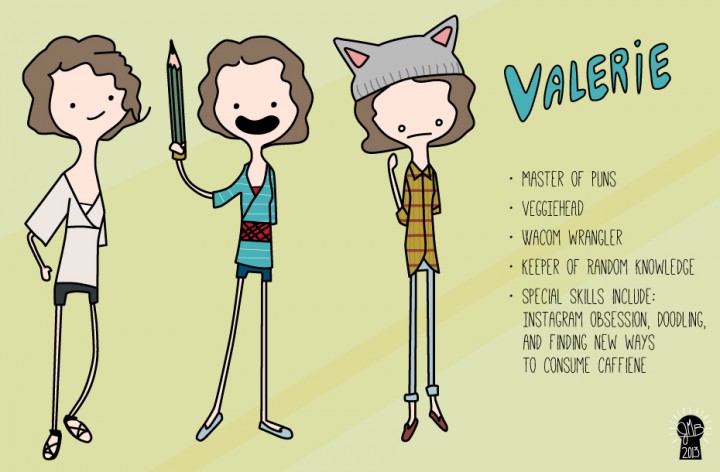 A cartoon illustration of Valerie in three outfits