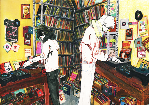 Kristin Reger drawing of two boys standing in a room full of vinyl records