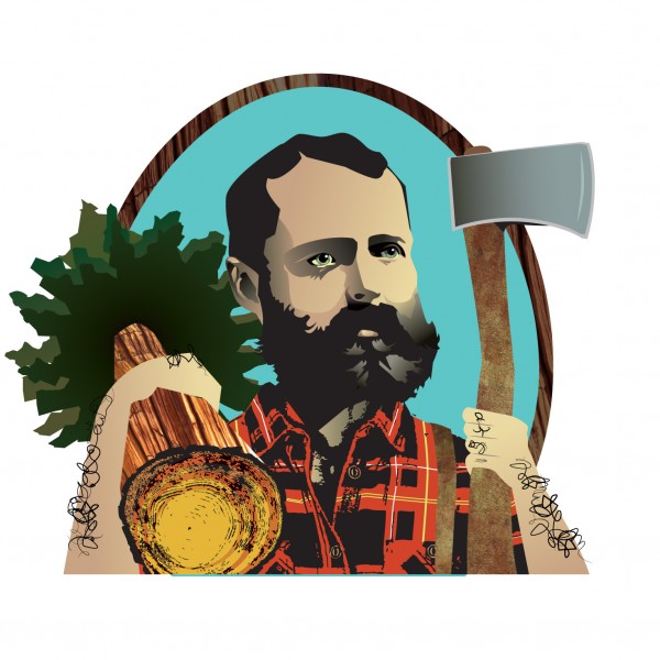 peltzer pines illustration of a lumber jack man holding an axe and a cut tree