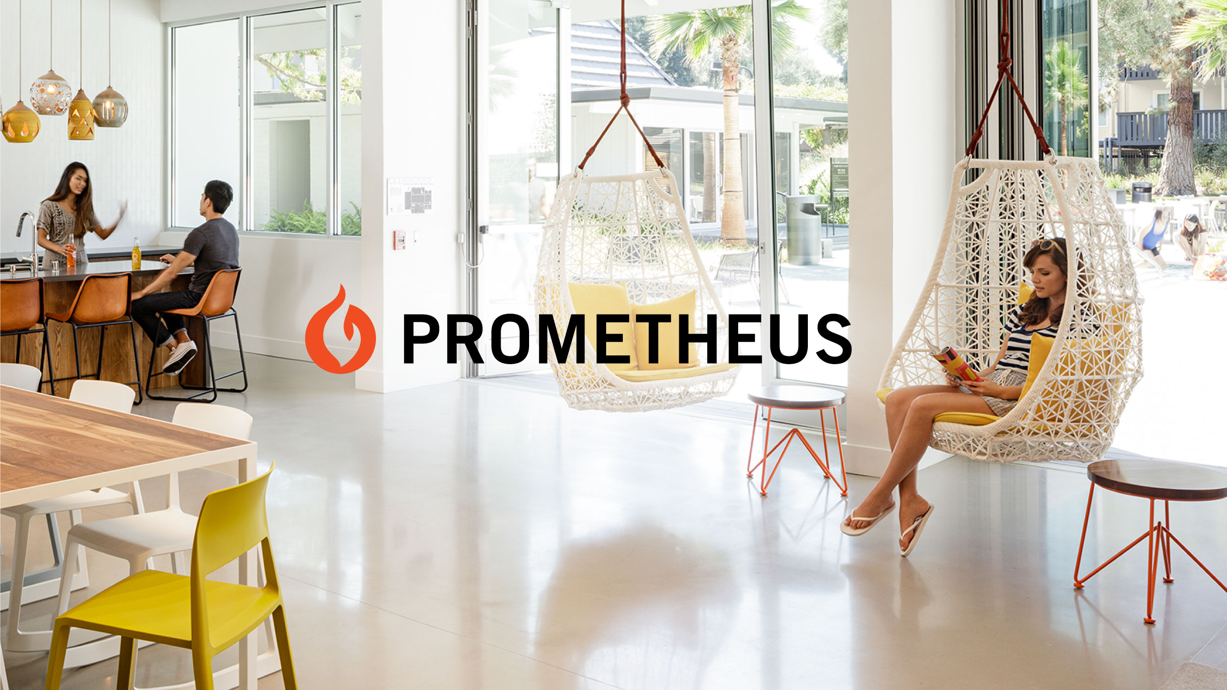 Prometheus logo on top of an image of their residential apartments.