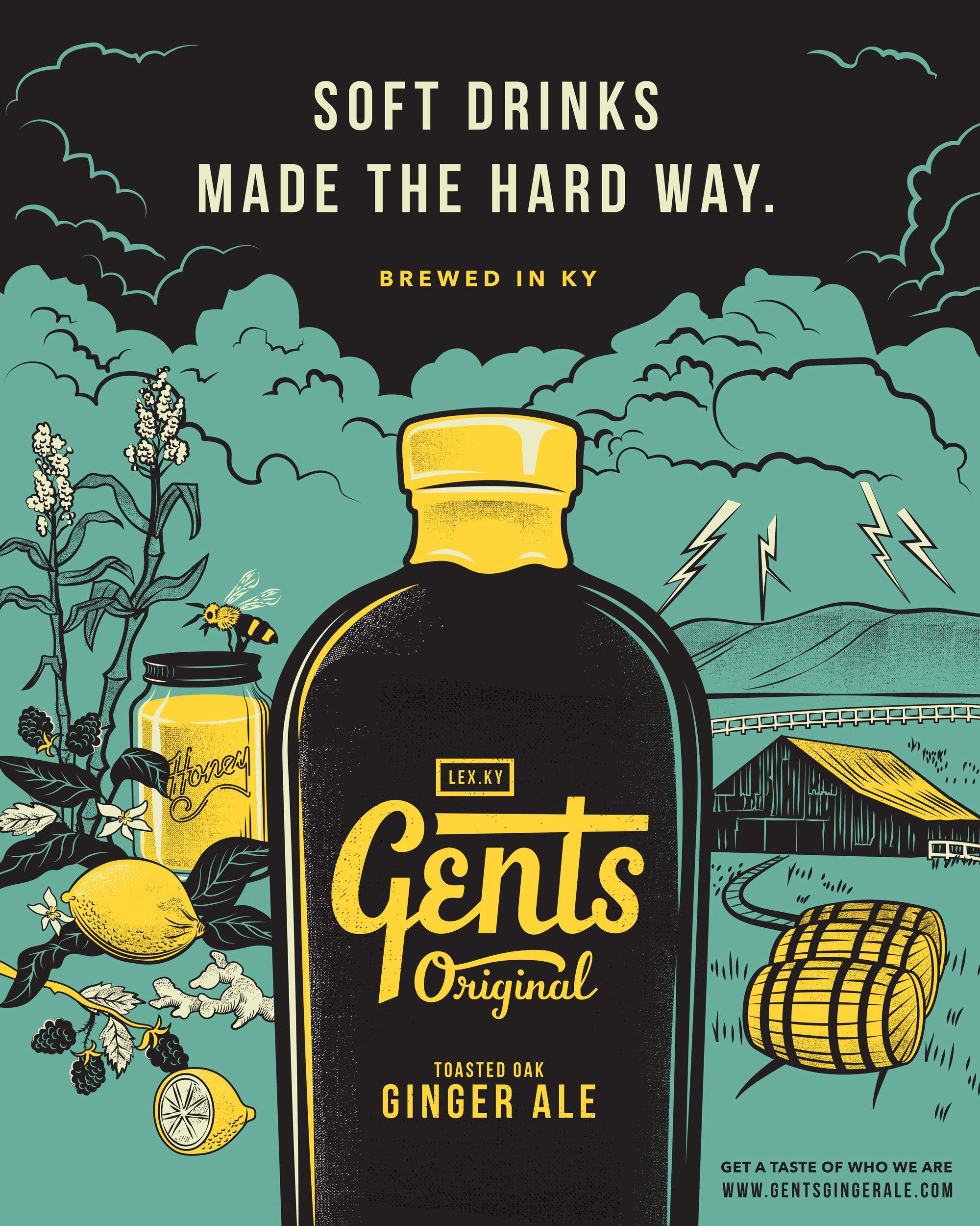 GENTS Ginger Ale illustrated poster showing a bottle, farm, and ingredients