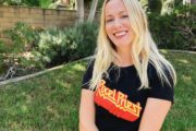 Jen wearing the pixel priest tee