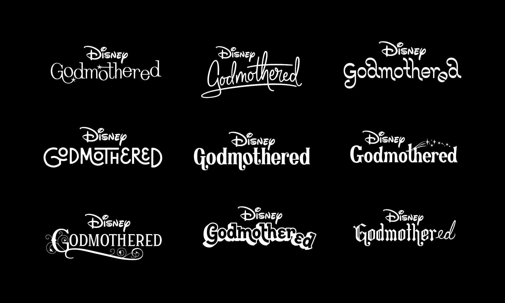 Godmothered Disney Title Treatment explorations by Hoodzpah, white on black