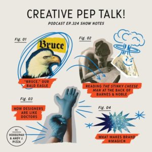 Creative Pep Talk Promo Art Collage of an eagle a woman and hands wearing gloves