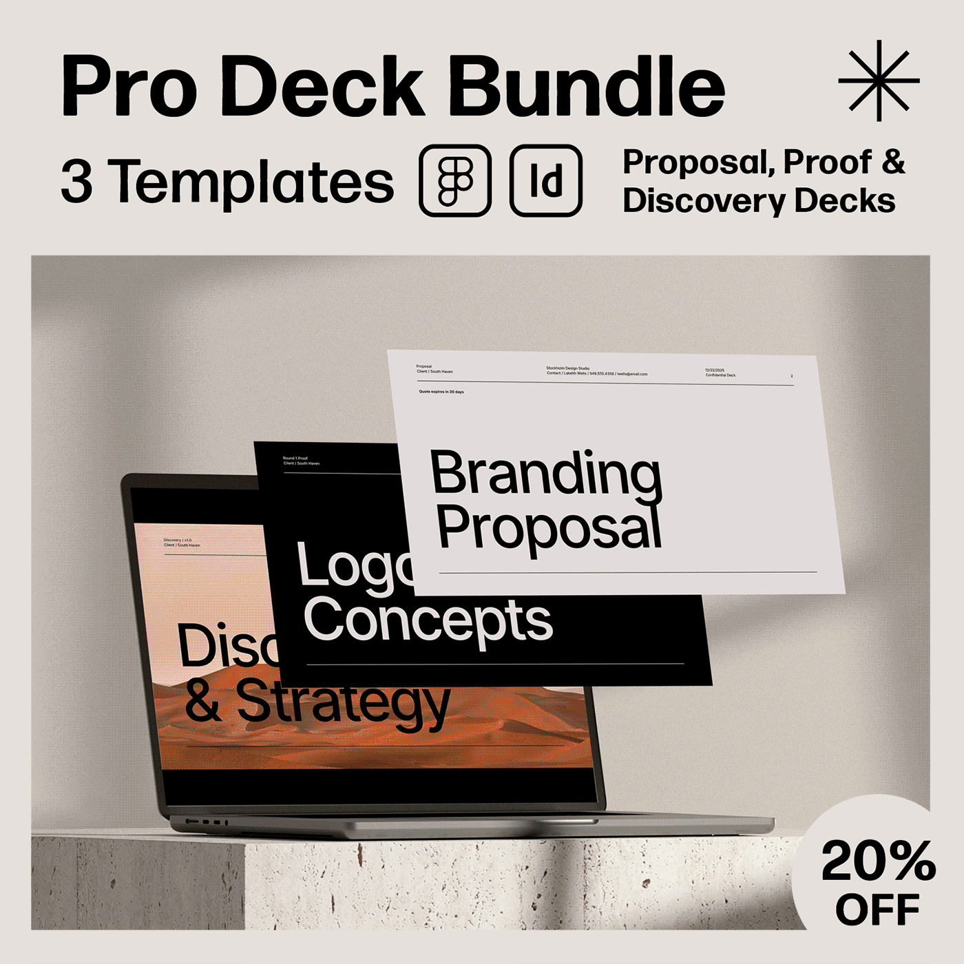 the Proposal Deck, Discovery Deck, and Proof Deck covers floating off a macbook pro screen