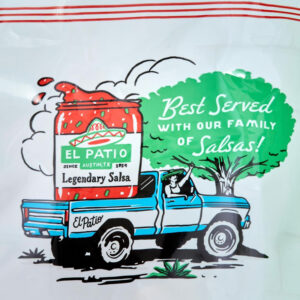 El Patio Salsa illustration of a truck by a tree with a jar of salsa in the bed by Drew Lakin