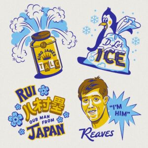 Lakers Illustrations 2023 Playoffs featuring Austin "I'm Him" Reaves, our man from Japan Rui Hachimura, King James' talcum powder, and D Lo's cold ice.