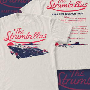 The Strumbellas tee with a car driving down a road into the sunset on the front and a set list on the back