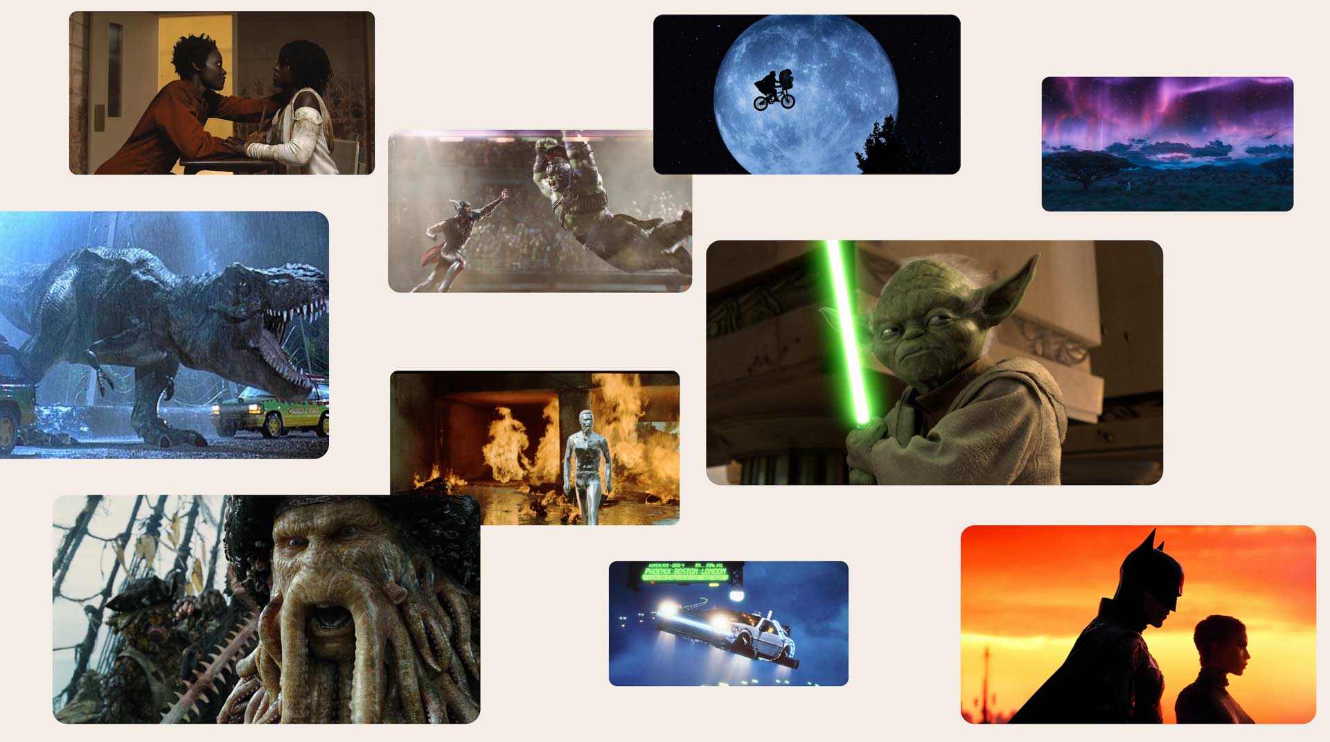 Thumbnails from projects ILM worked on like The Batman, E.T., Star Wars, Pirates of the Caribbean, Black Panther