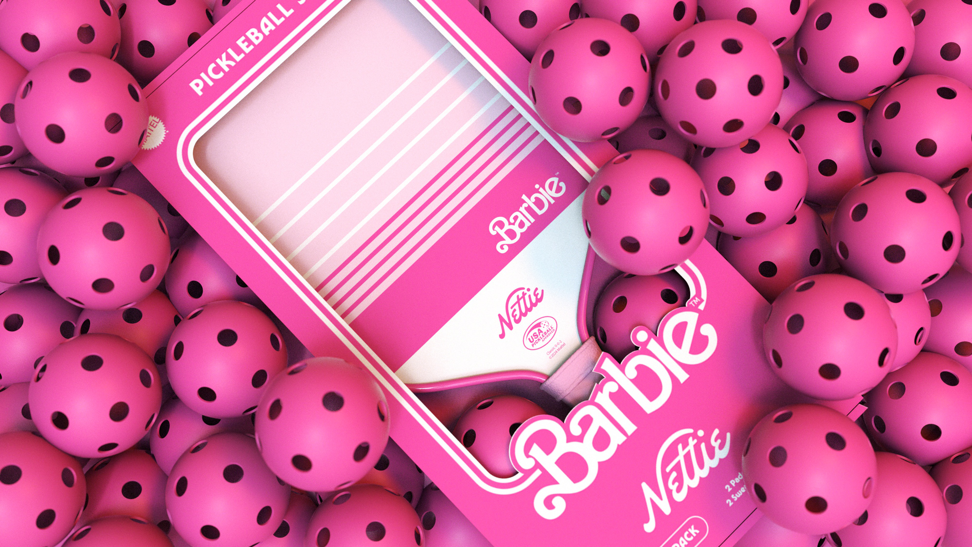 Barbie x Nettie Pickleball Collab - paddle and packaging design by Hoodzpah design studio