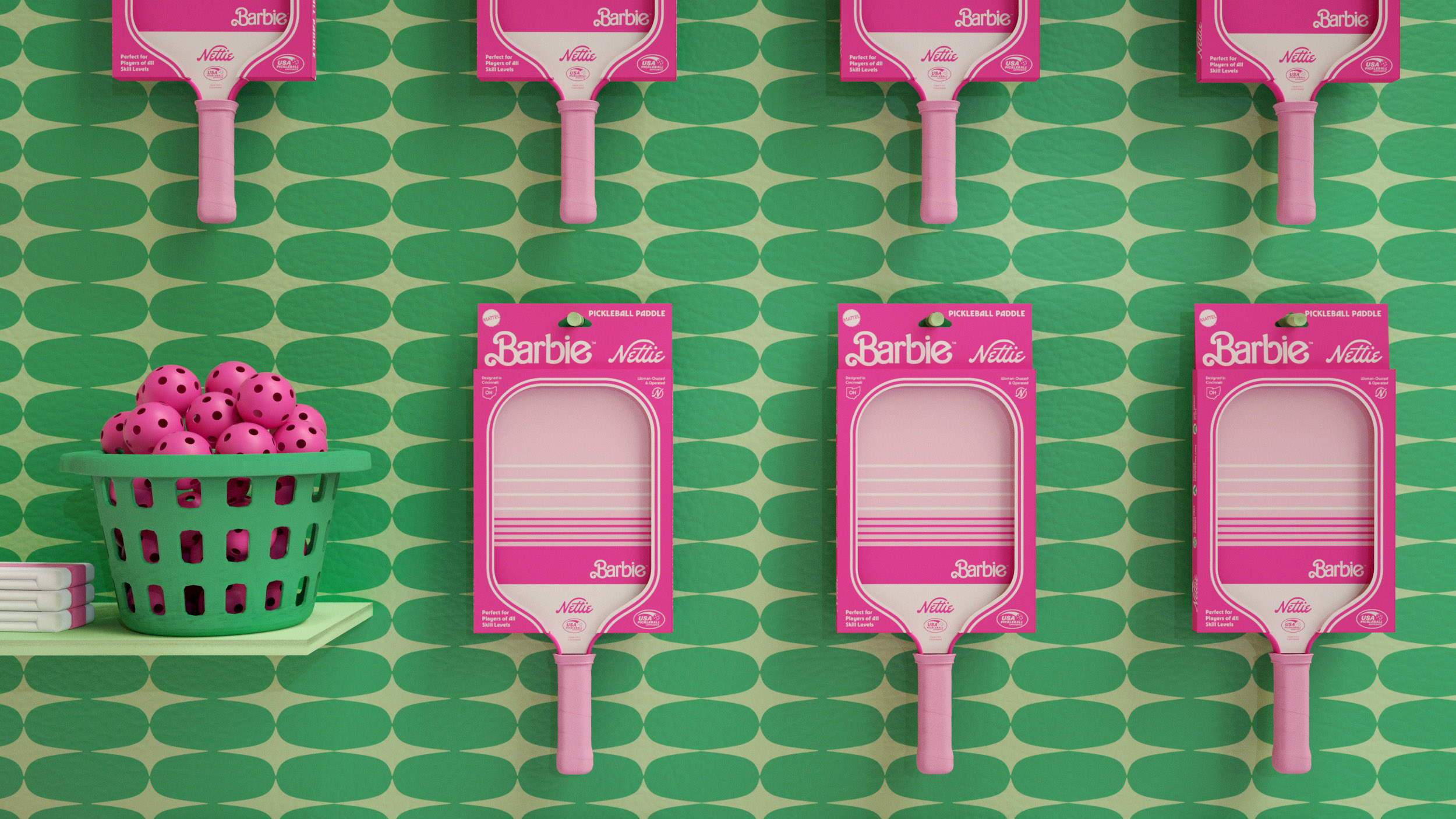 Barbie x Nettie Pickleball Collab - paddle and packaging design by Hoodzpah design studio