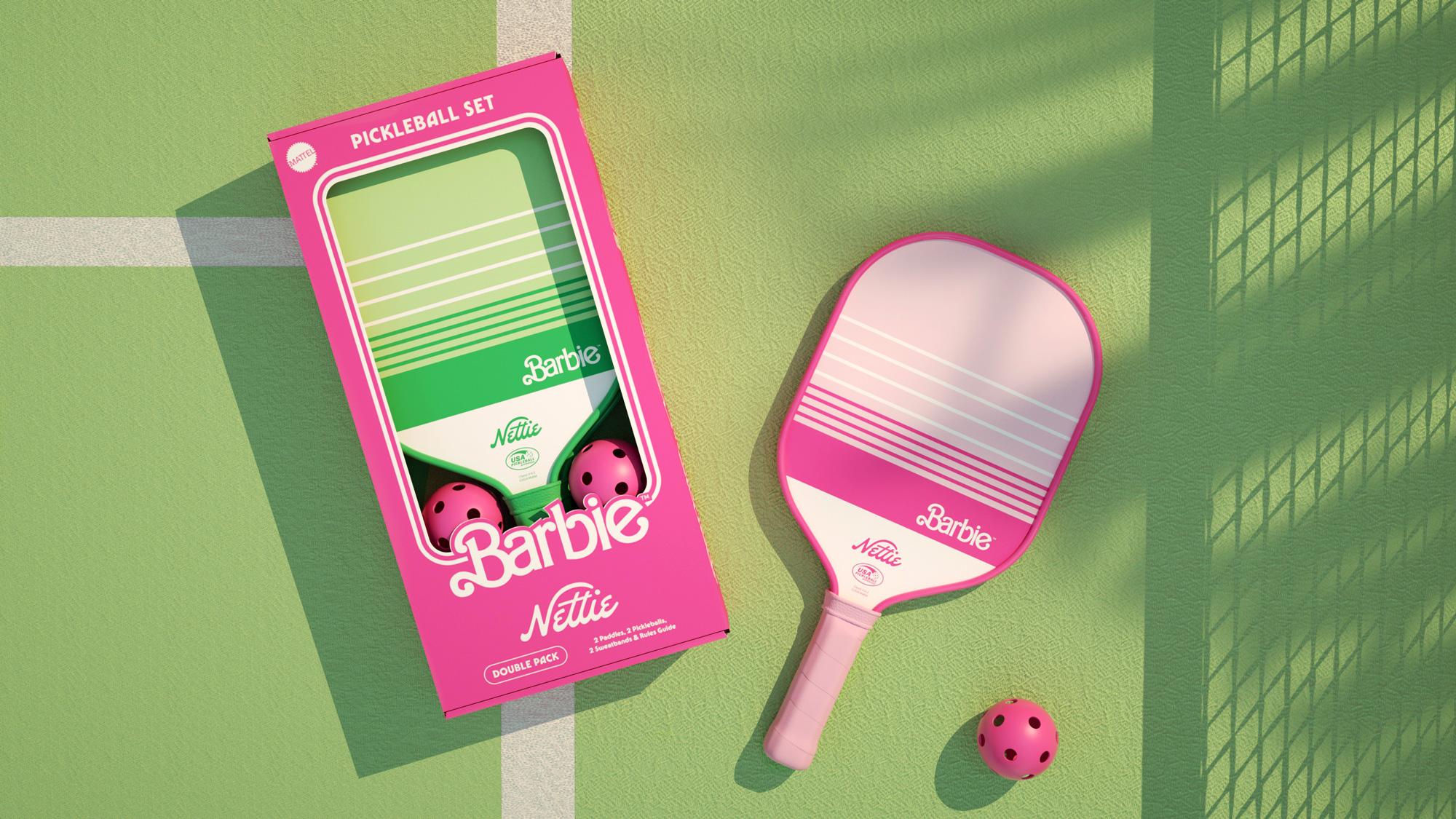 Barbie x Nettie Pickleball Collab - paddle and packaging design by Hoodzpah design studio