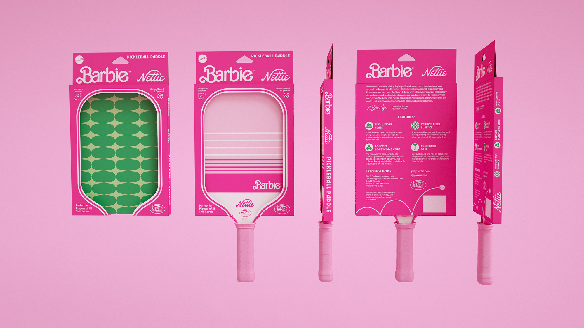 Barbie x Nettie Pickleball Collab - paddle and packaging design by Hoodzpah design studio