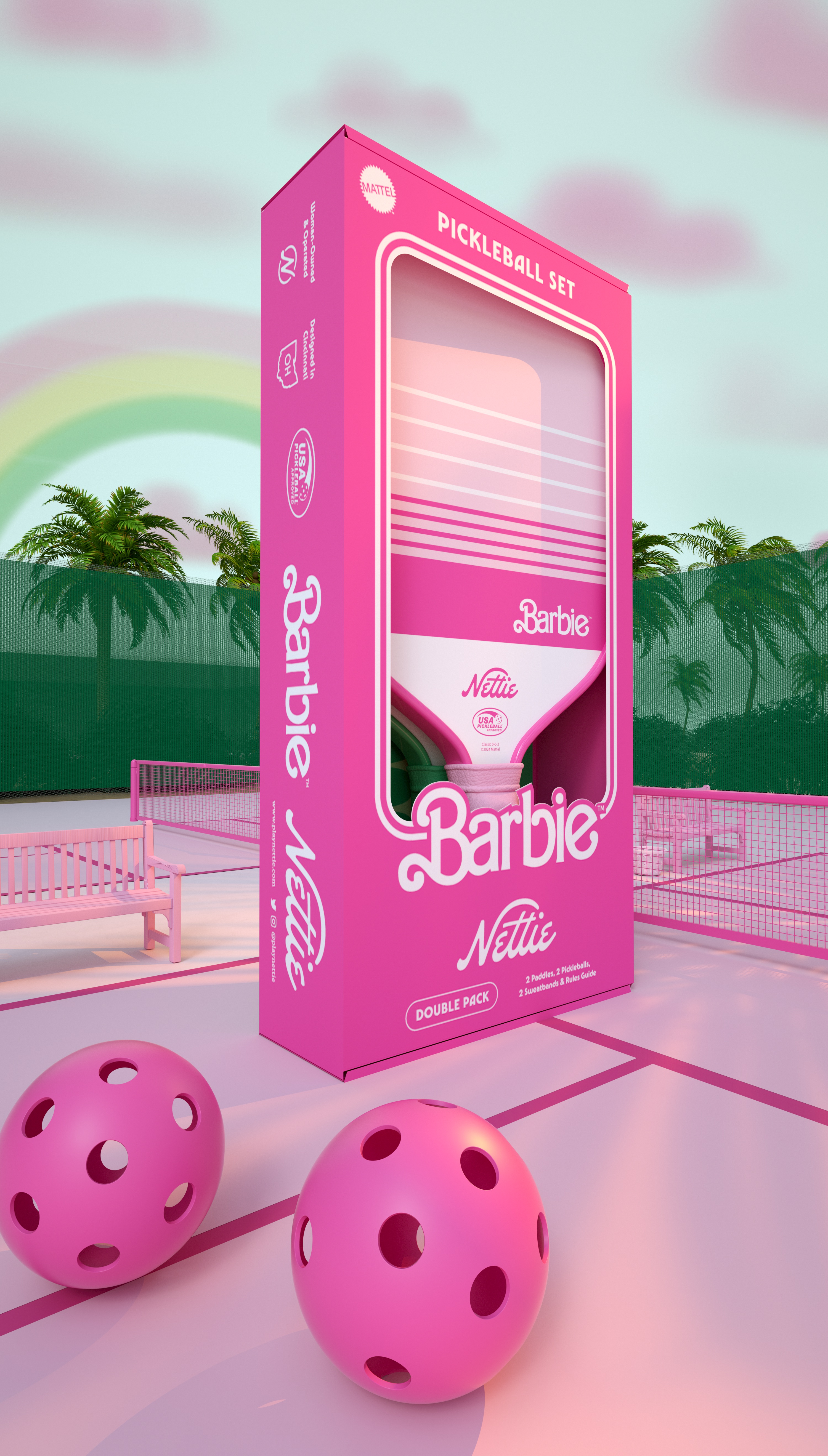 Barbie x Nettie Pickleball Collab - paddle and packaging design by Hoodzpah design studio