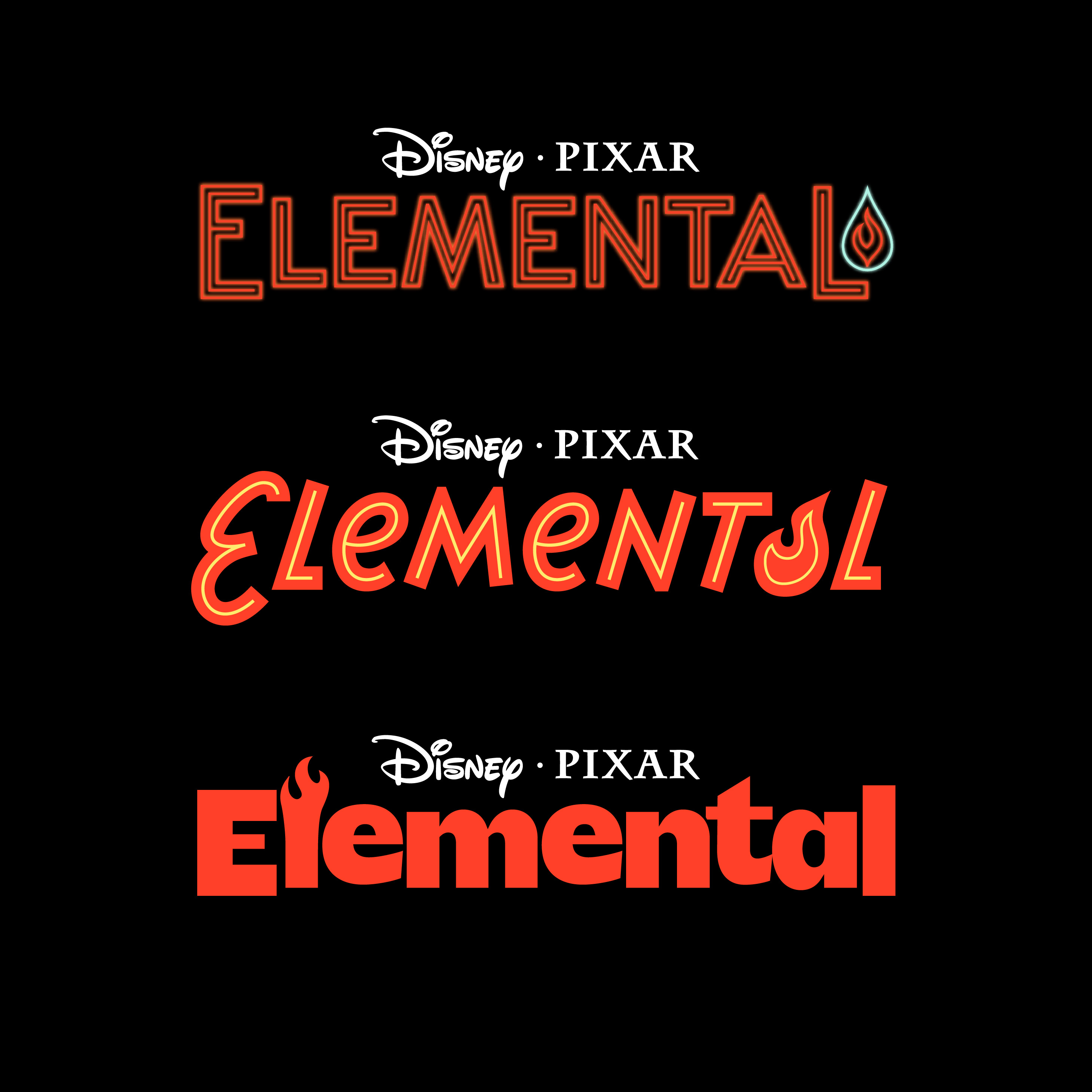 Elemental by Disney Pixar Movie Title Treatment Explorations with flame elements worked into the lettering