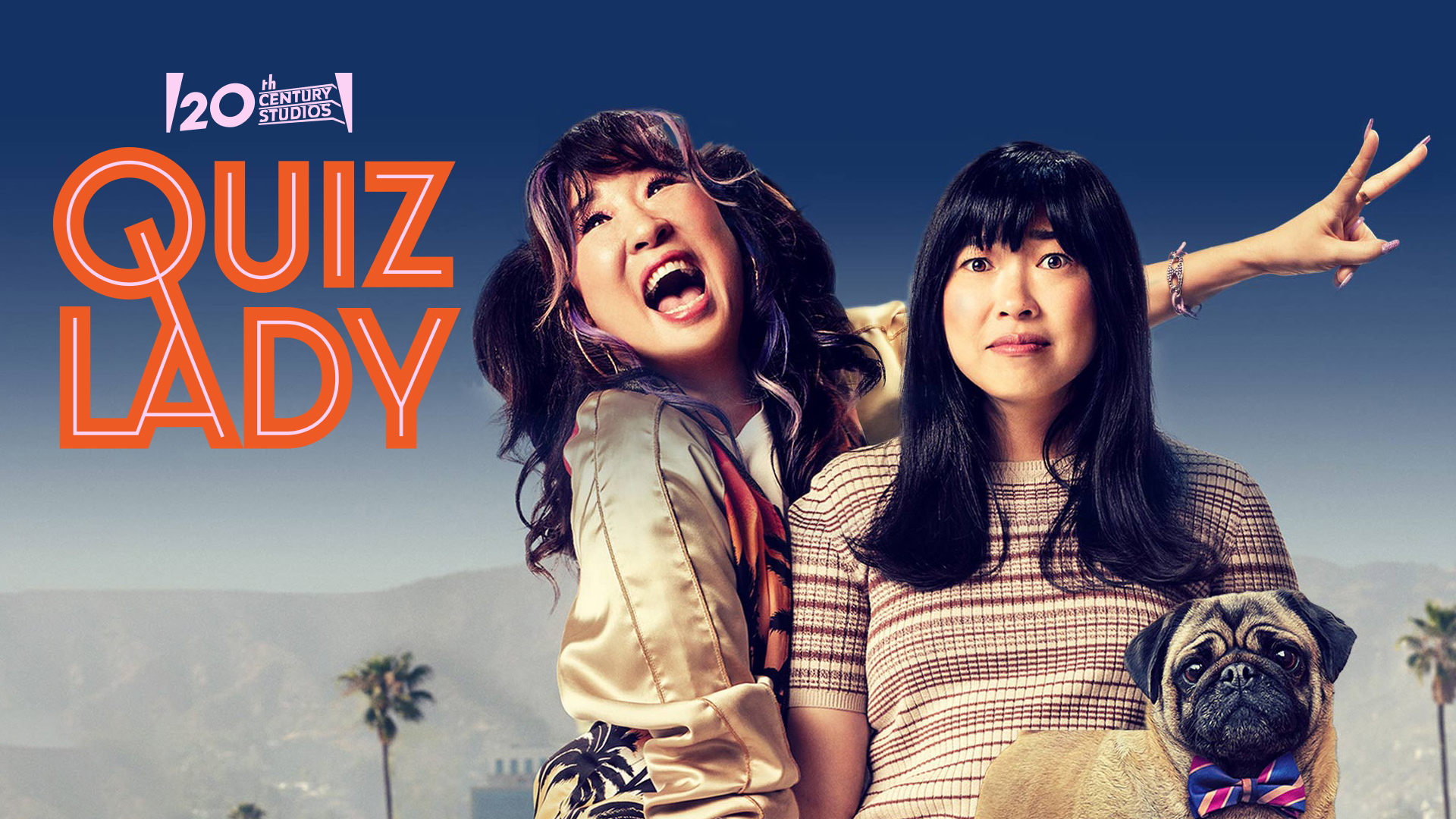 Quiz Lady movie promo photo of Sandra Oh and Awkwafina with a logo design by Hoodzpah