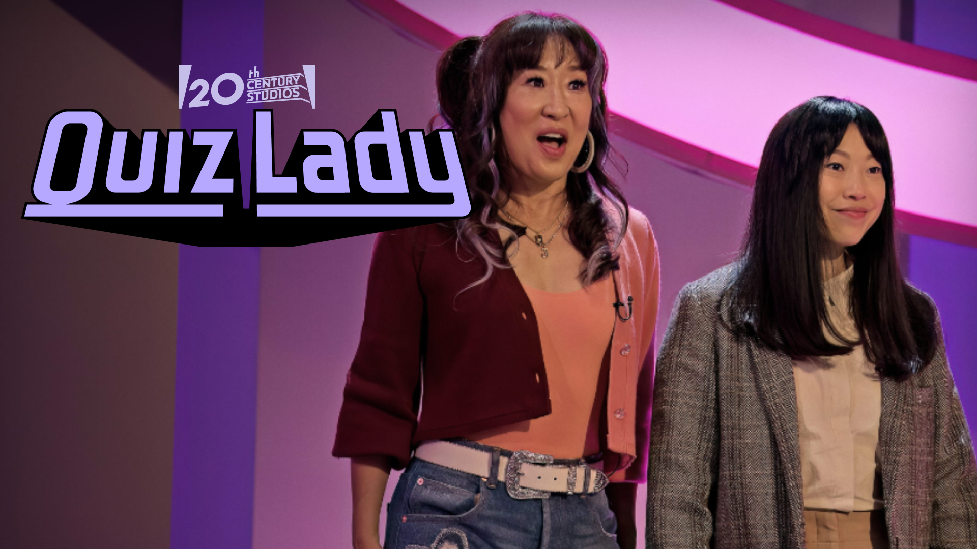 Quiz Lady movie still of Sandra Oh and Awkwafina with a logo design by Hoodzpah