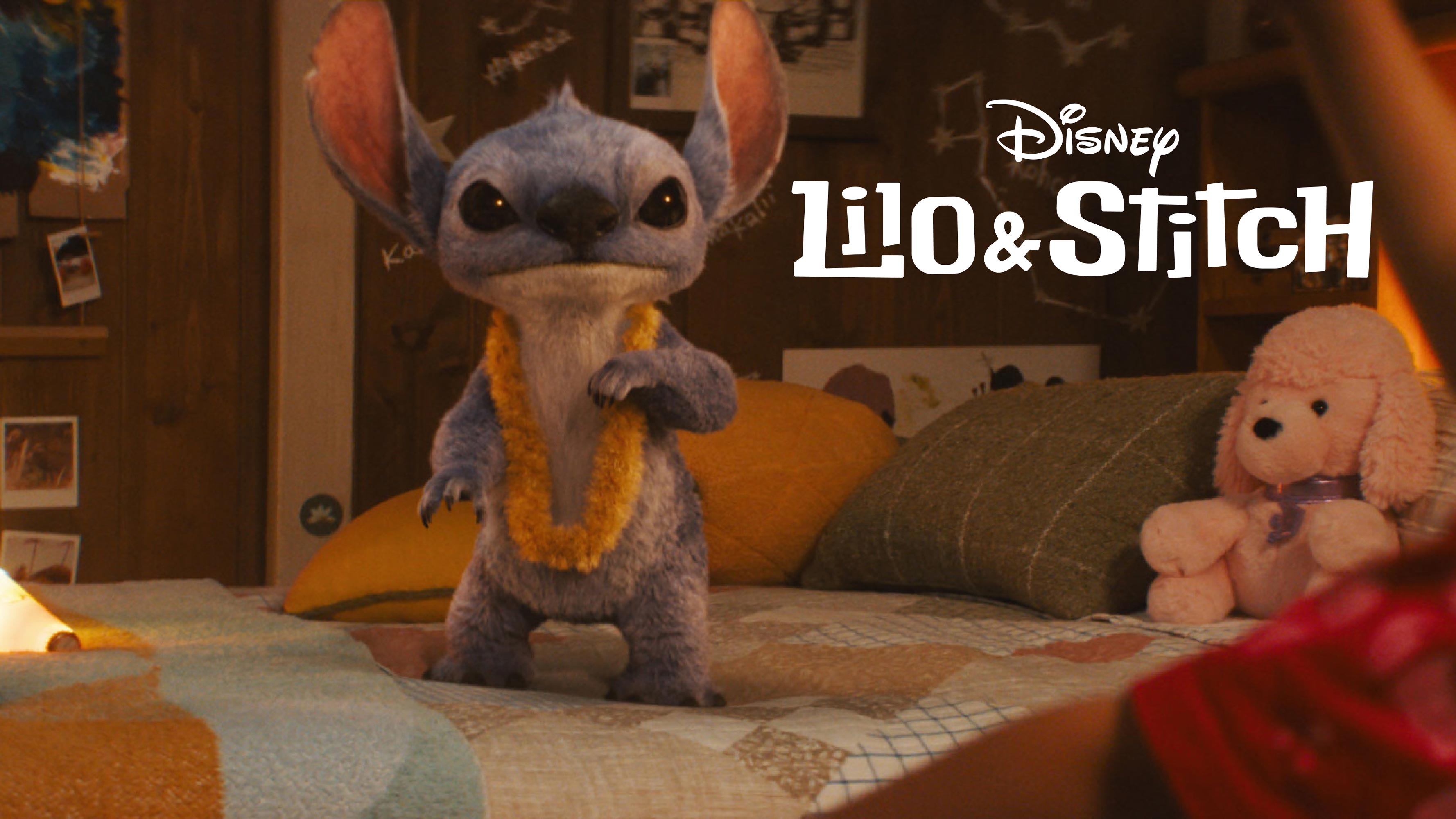 Lilo and Stitch movie title logo by Hoodzpah on a still image from the movie of Stitch standing on the bed.