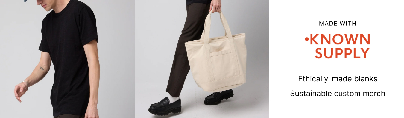 Known Supply logo over image of a man wearing clothes and holding a bag