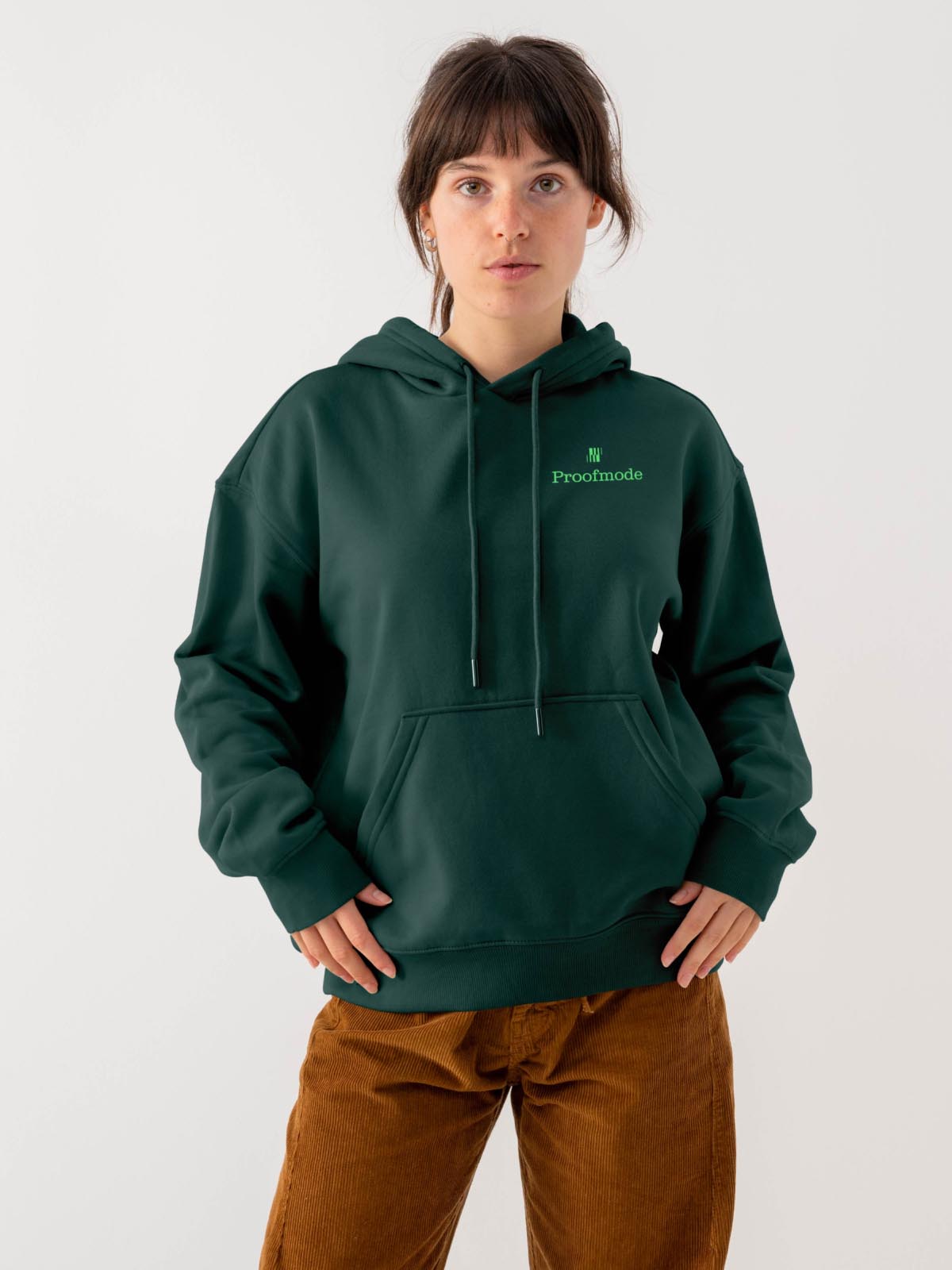 Proofmode green hoodie on a female model
