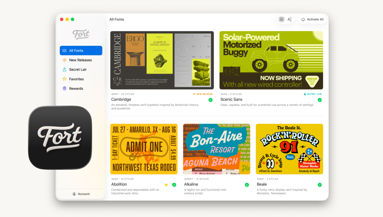 Showing a page in the Fort Font App to save fonts