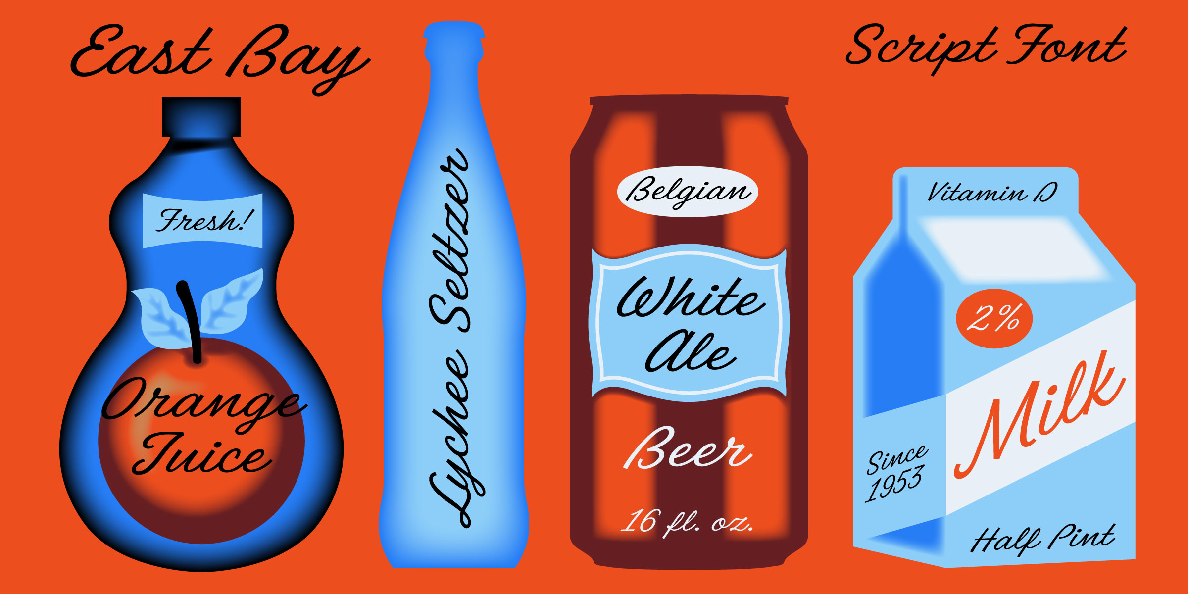 east bay script font graphics of milk jug, beer can, wine bottle and a juice bottle