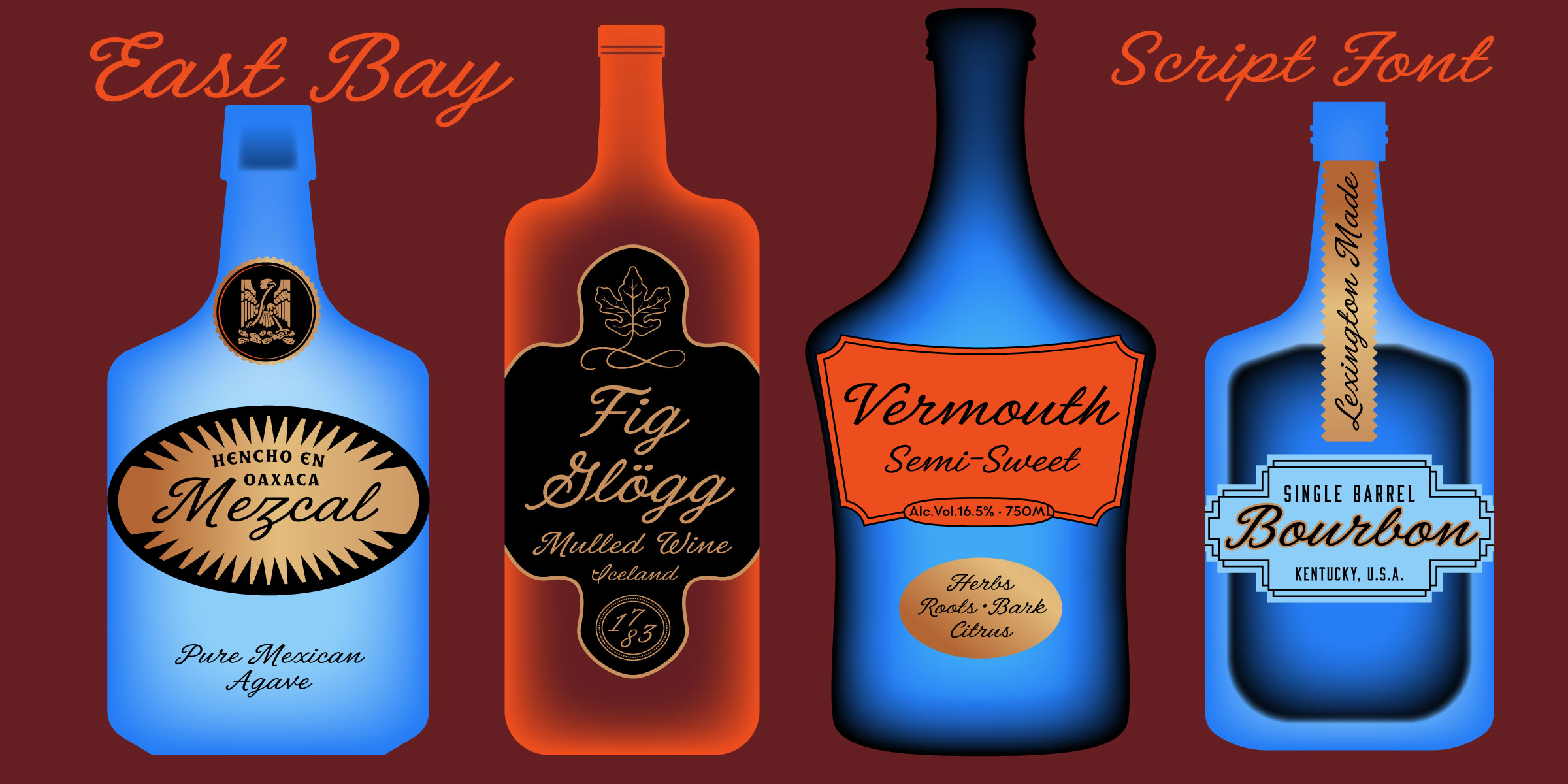 east bay script font on different alcohol bottles