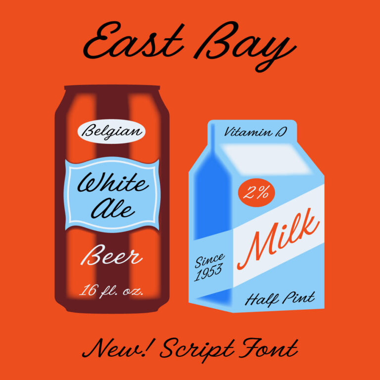 east bay script font graphics of milk jug, and beer can